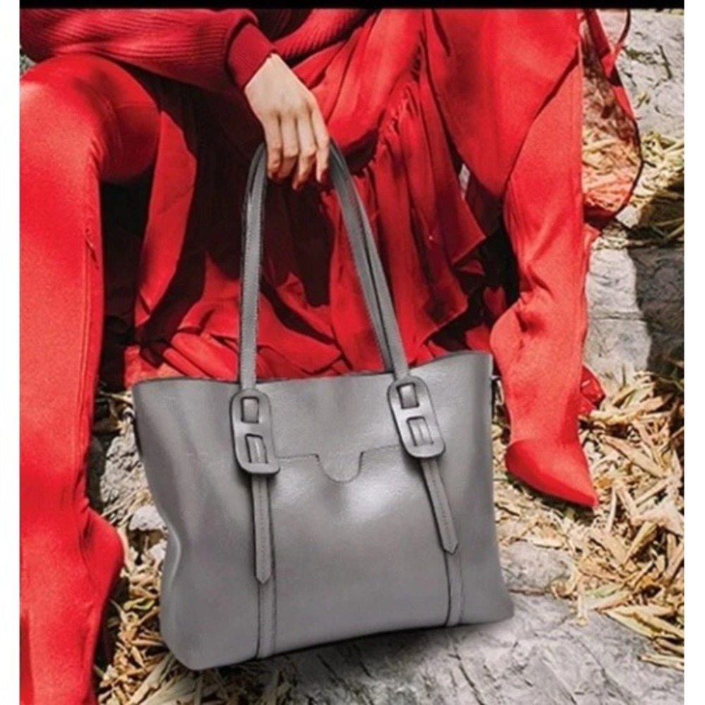 Grey Faux Leather Tote Bag with Detachable Crossbody Strap and Gold Hardware